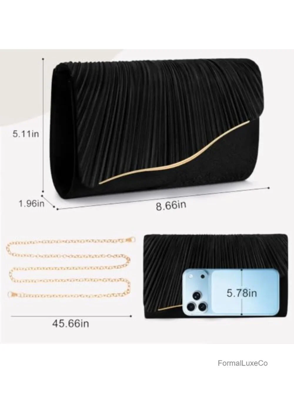 Evening Clutch Purse with Detachable Chain Strap Magnetic Snap Closure Satin